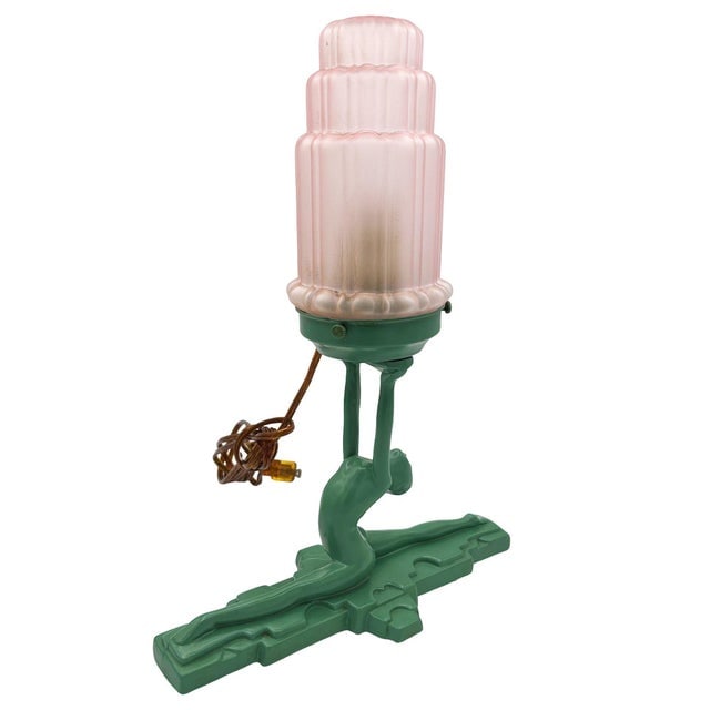 1980s Art Deco Figure Nymph L610 Spelter Frankart Table Lamp by Sarsaparilla W/ Shade - 3