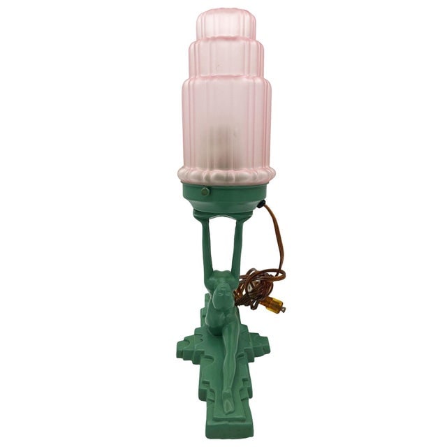 1980s Art Deco Figure Nymph L610 Spelter Frankart Table Lamp by Sarsaparilla W/ Shade - 5