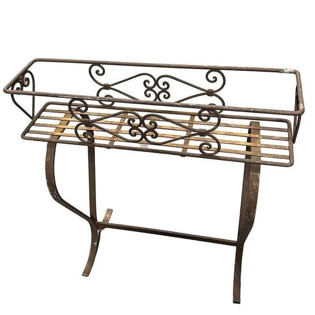 Mid-Century Wroght Iron Scrolling Trestle Style Elevated Planter Stand - 2