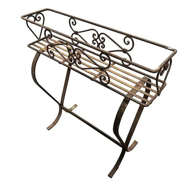 Mid-Century Wroght Iron Scrolling Trestle Style Elevated Planter Stand - 3