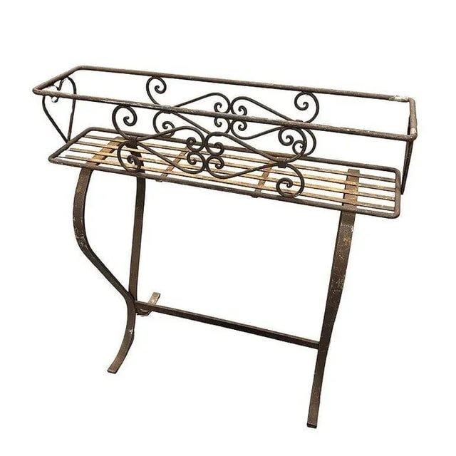Mid-Century Wroght Iron Scrolling Trestle Style Elevated Planter Stand - 5