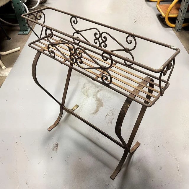 Mid-Century Wroght Iron Scrolling Trestle Style Elevated Planter Stand - 6