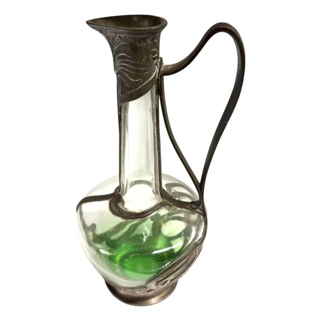 1900s Austrian Art Nouveau Pewter Jugendstil Clade Green Art Glass Wine Carafe: Title: 1900s Austrian Art Nouveau Pewter Jugendstil Clade Green Art Glass Wine Carafe Description: A striking example of early 20th-century Jugendstil design, this elegant Wine Carafe features a