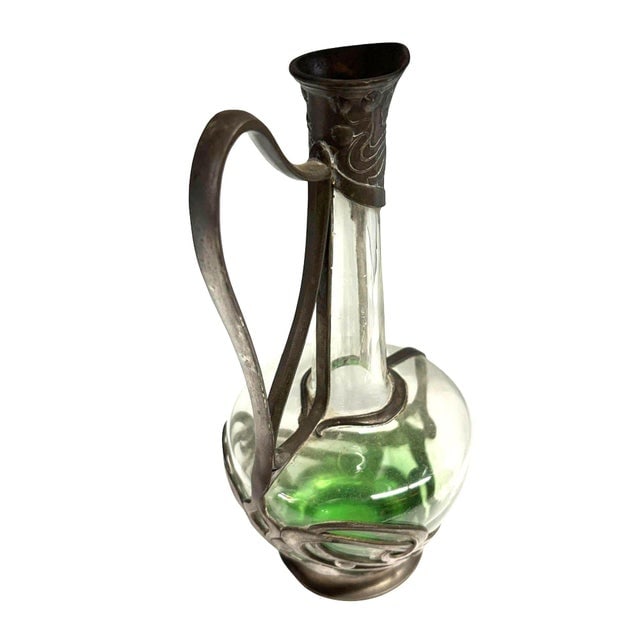 1900s Austrian Art Nouveau Pewter Jugendstil Clade Green Art Glass Wine Carafe - 2