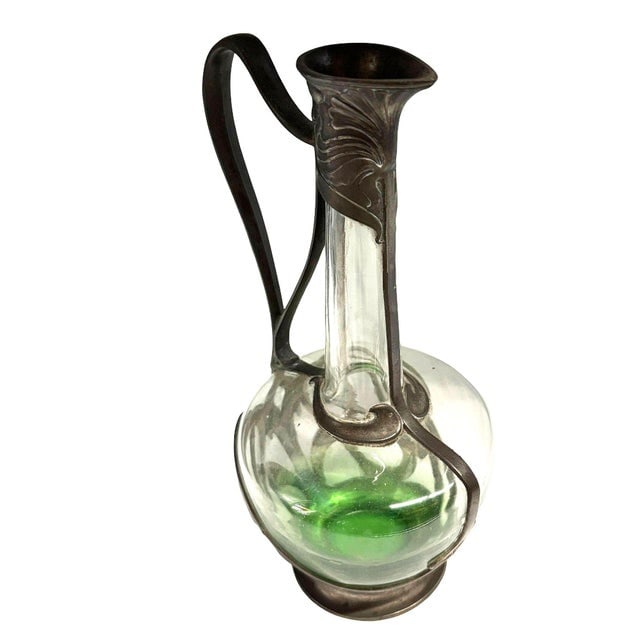 1900s Austrian Art Nouveau Pewter Jugendstil Clade Green Art Glass Wine Carafe - 4