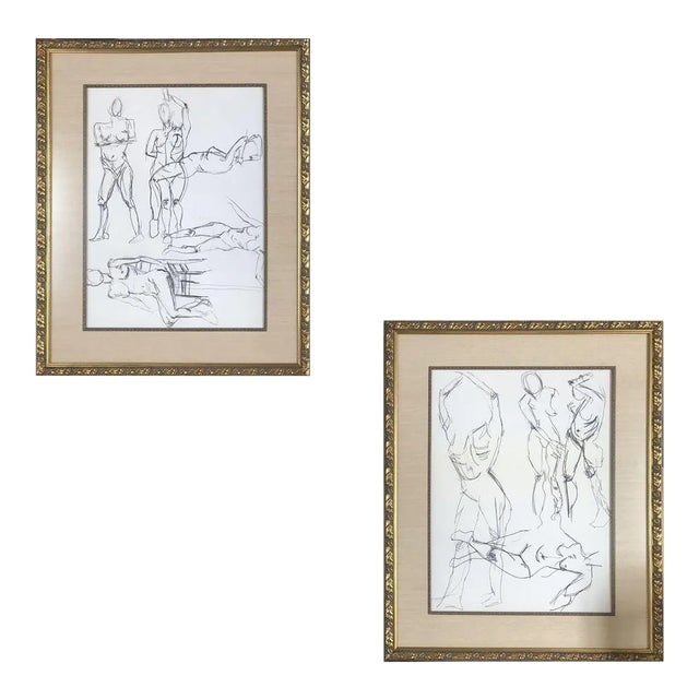 Circa 1990 Figure Female Figural Pencil on Paper Drawlings in Gold Tone Frame, Pair: Title: Circa 1990 Figure Female Figural Pencil on Paper Drawlings in Gold Tone Frame, Pair Description: Unsigned pair of pencil on-paper figural drawing panels of the figure female form, each page fea