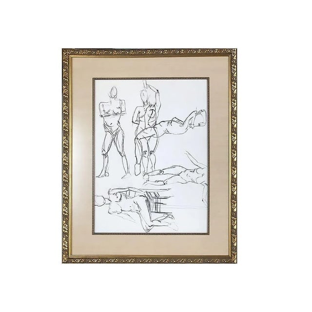 Circa 1990 Figure Female Figural Pencil on Paper Drawlings in Gold Tone Frame, Pair - 2