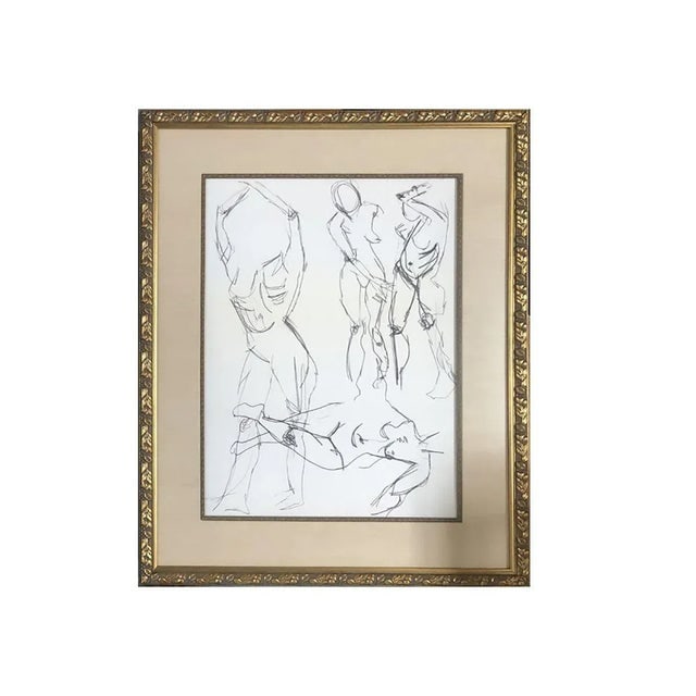 Circa 1990 Figure Female Figural Pencil on Paper Drawlings in Gold Tone Frame, Pair - 3