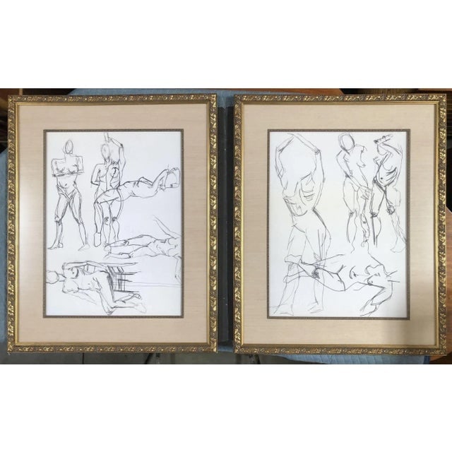 Circa 1990 Figure Female Figural Pencil on Paper Drawlings in Gold Tone Frame, Pair - 4