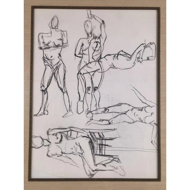 Circa 1990 Figure Female Figural Pencil on Paper Drawlings in Gold Tone Frame, Pair - 5