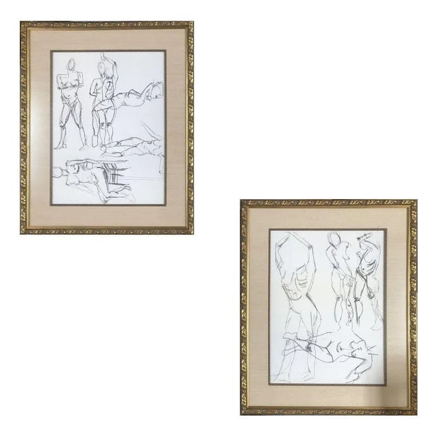Circa 1990 Figure Female Figural Pencil on Paper Drawlings in Gold Tone Frame, Pair - 7