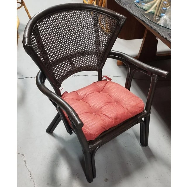 1950s Restored Dark Wood Rattan Cane Fan Back Armchair - 2