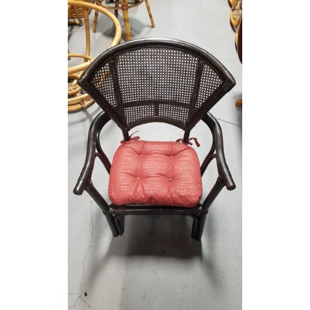 1950s Restored Dark Wood Rattan Cane Fan Back Armchair - 4