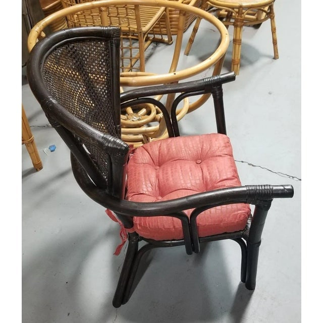 1950s Restored Dark Wood Rattan Cane Fan Back Armchair - 5