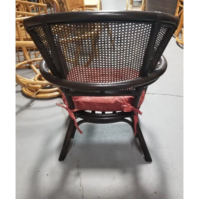 1950s Restored Dark Wood Rattan Cane Fan Back Armchair - 6
