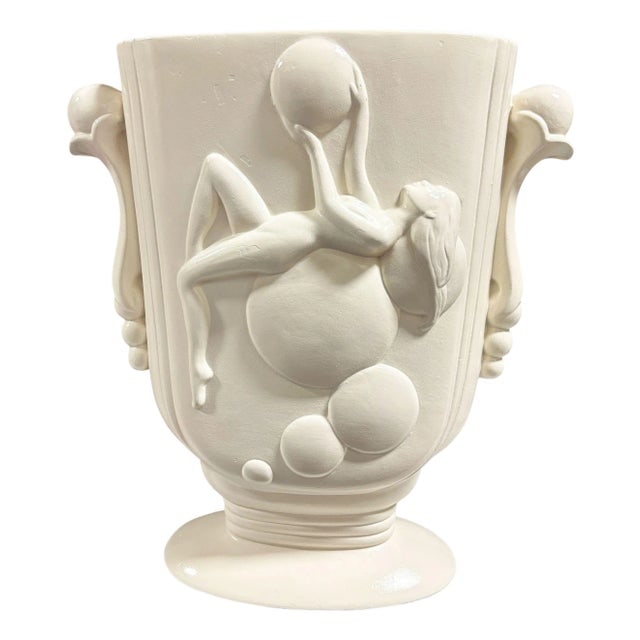 Art Deco Figure Bubble Girl #4600 White Vase by Pacific Pottery: Title: Art Deco Figure Bubble Girl #4600 White Vase by Pacific Pottery Description: This stunning Art Deco vase, model #4600 by Pacific Pottery, features a striking high-relief "Bubble Girl" design. T