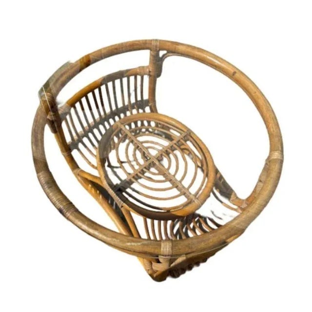 1940s Restored Round Rattan Coffee Table With Reed Basket Base & Glass Top - 3