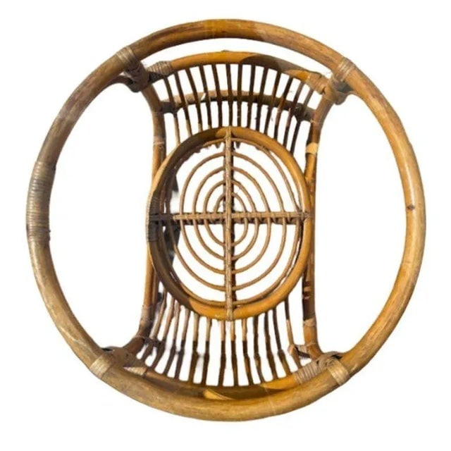 1940s Restored Round Rattan Coffee Table With Reed Basket Base & Glass Top - 4