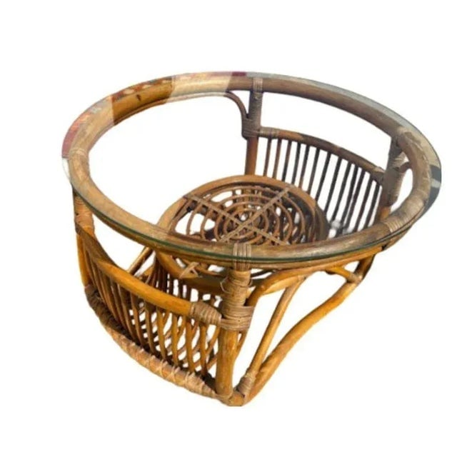 1940s Restored Round Rattan Coffee Table With Reed Basket Base & Glass Top - 5