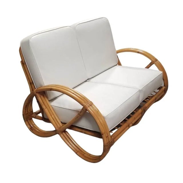 1950s Restored Modernist 3-Strand Round Full Pretzel Rattan Settee - 2