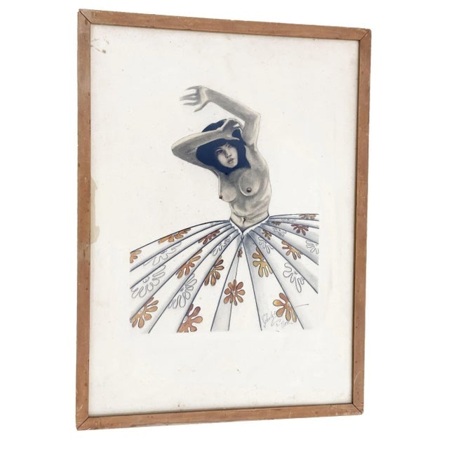 1940s Post-War Tropical Figure Color Pencil Drawling Signed Schultz - 6