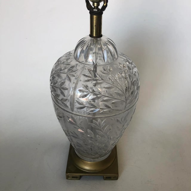 Mid Century Leaf Motif Cut Crystal Table Lamp Witth Brass Hardware - 3