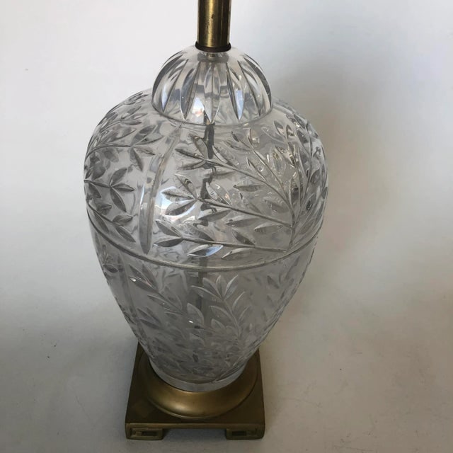Mid Century Leaf Motif Cut Crystal Table Lamp Witth Brass Hardware - 4