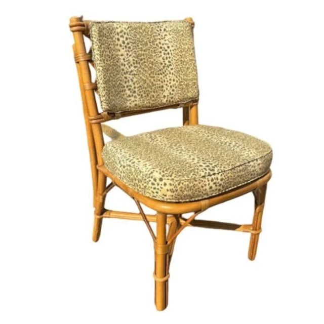 1950s Restored Mid-Century Rattan Dining Table & Chairs W/ Leopard Print Cushions - Set of 5 - 2