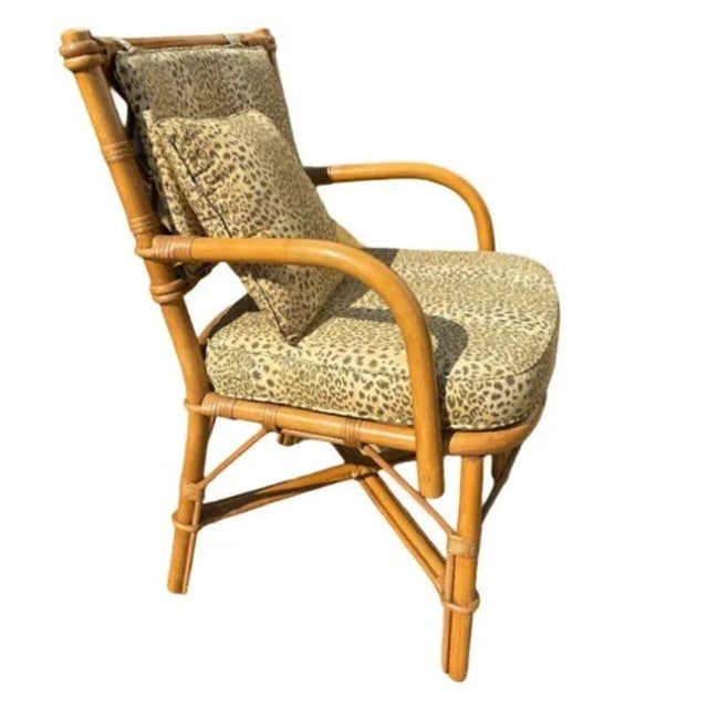 1950s Restored Mid-Century Rattan Dining Table & Chairs W/ Leopard Print Cushions - Set of 5 - 4