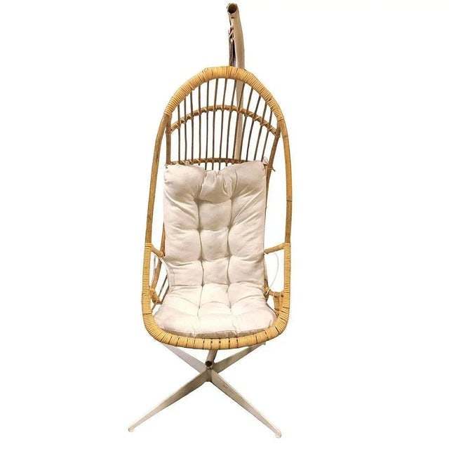 Restored Mid-Century Rattan & Wicker Hanging Cocoon Egg Chair With Stand - 2