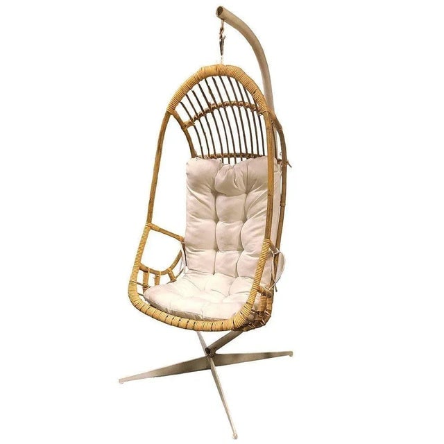 Restored Mid-Century Rattan & Wicker Hanging Cocoon Egg Chair With Stand - 3