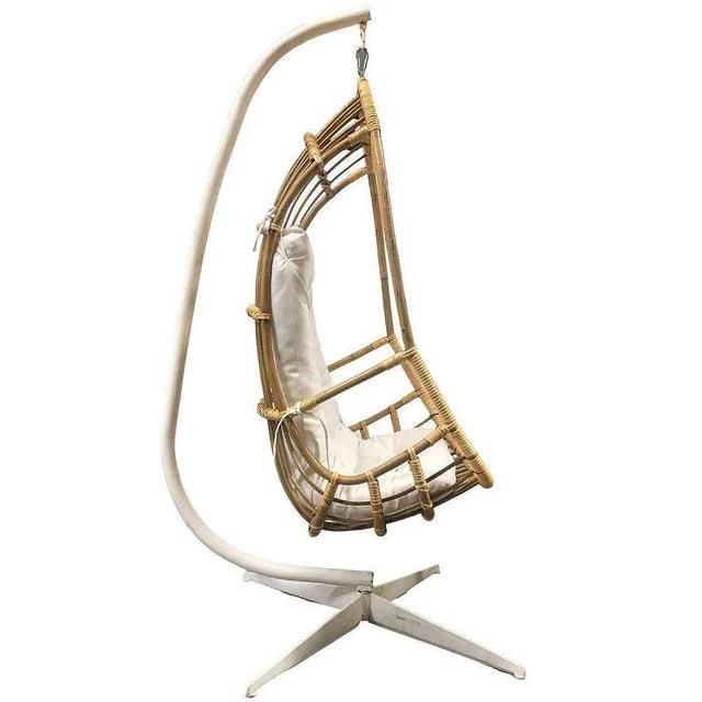 Restored Mid-Century Rattan & Wicker Hanging Cocoon Egg Chair With Stand - 4