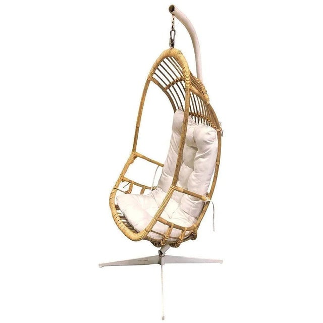 Restored Mid-Century Rattan & Wicker Hanging Cocoon Egg Chair With Stand - 5