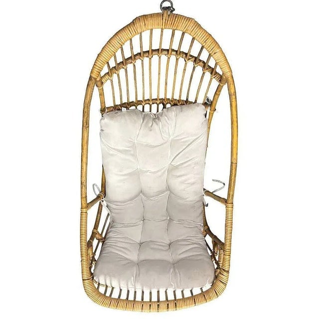 Restored Mid-Century Rattan & Wicker Hanging Cocoon Egg Chair With Stand - 6