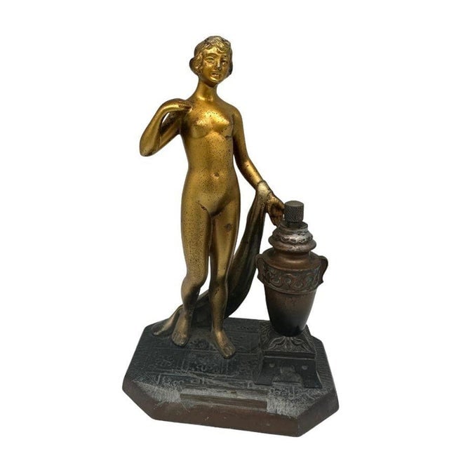 1930s Art Deco Spelter Metal Figure Flapper Goddess Desktop Torch Tip Table Lighter - 2