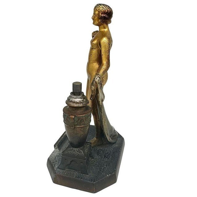 1930s Art Deco Spelter Metal Figure Flapper Goddess Desktop Torch Tip Table Lighter - 4