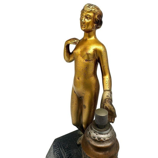 1930s Art Deco Spelter Metal Figure Flapper Goddess Desktop Torch Tip Table Lighter - 9