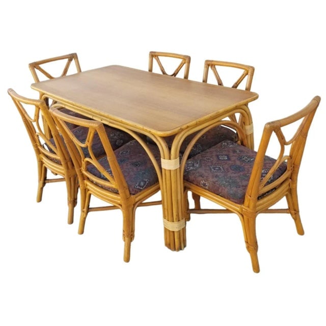 1950s Restored Rattan Dining Room Table and Chairs Set of 7 - 2