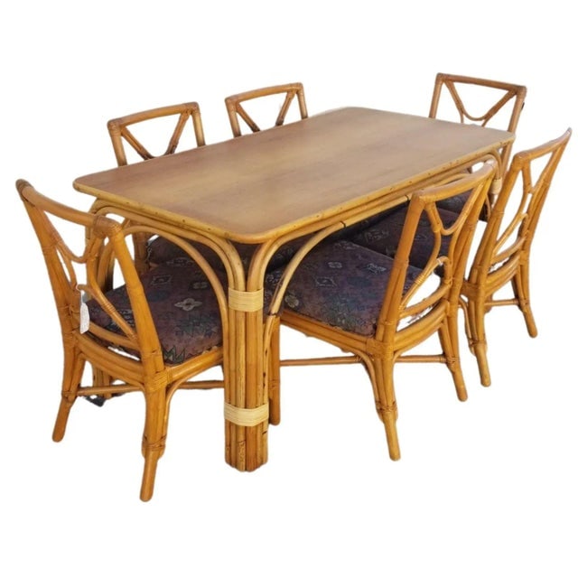 1950s Restored Rattan Dining Room Table and Chairs Set of 7 - 3