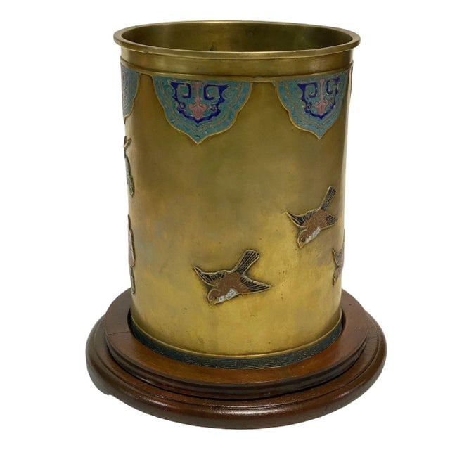 1940s Chinese Floral Bronze Cloisonne Enamel Cylinder Vase With Wood Base - 2