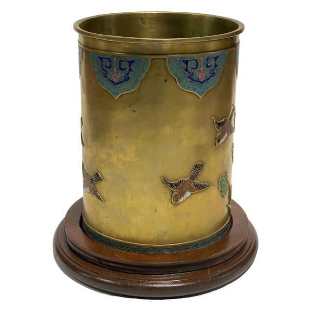 1940s Chinese Floral Bronze Cloisonne Enamel Cylinder Vase With Wood Base - 3