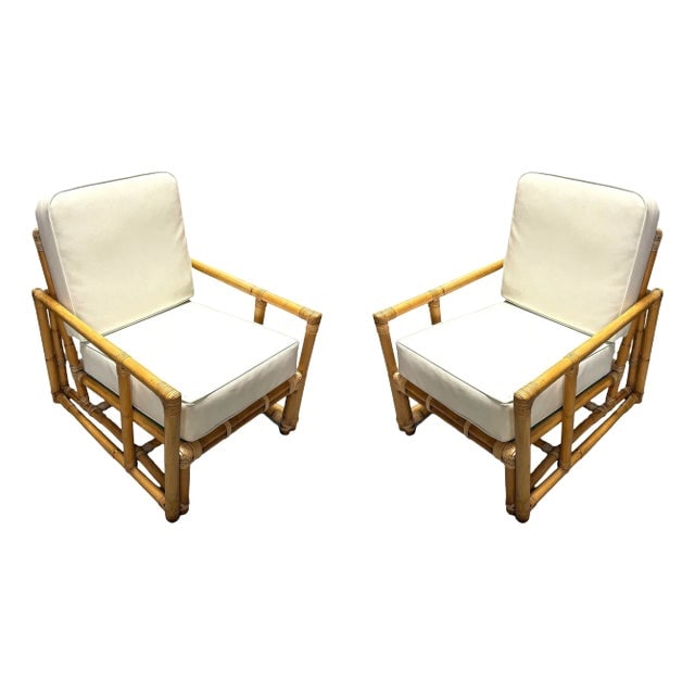 1950s Restored James Mont Inspired Rattan Lounge Chairs With Modernist Arms- Set of 2: Title: 1950s Restored James Mont Inspired Rattan Lounge Chairs With Modernist Arms- Set of 2 Description: These Restored Rattan Lounge Chairs with Modern Cubist Arms fashion after classic East Asian d