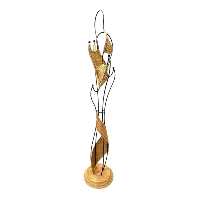 1950s Mid-Century Woven Wicker & Iron Sculptural Coat Rack With Reed Pencil Rattan Base (1 of 7)