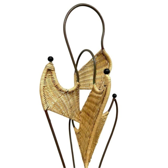 1950s Mid-Century Woven Wicker & Iron Sculptural Coat Rack With Reed Pencil Rattan Base - 3