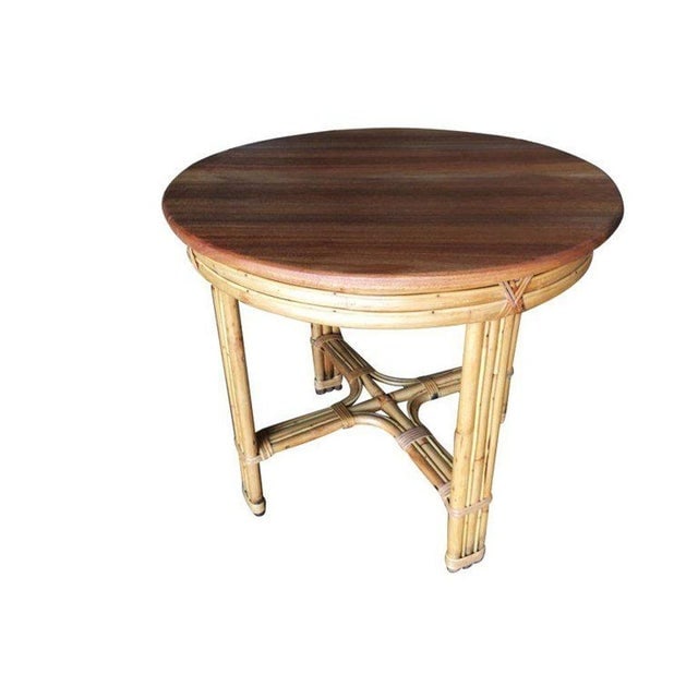 Restored Mid-Century X-Pattern Round Costal Rattan End Table W/ Mahogany Top - 3