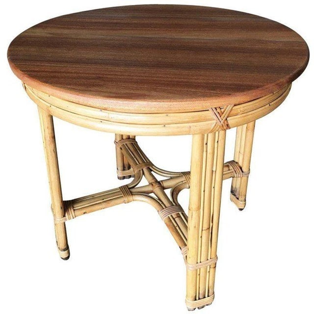 Restored Mid-Century X-Pattern Round Costal Rattan End Table W/ Mahogany Top - 4