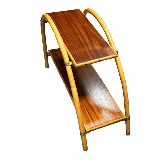 1950s Rattan & Mahogany Double Arch "Tropitan" 2-Tier Side Table by Ritts - 2