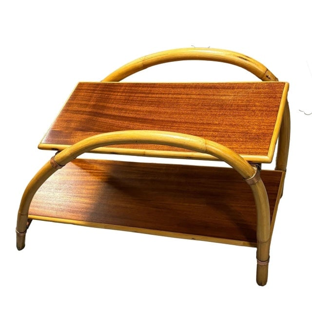 1950s Rattan & Mahogany Double Arch "Tropitan" 2-Tier Side Table by Ritts - 3