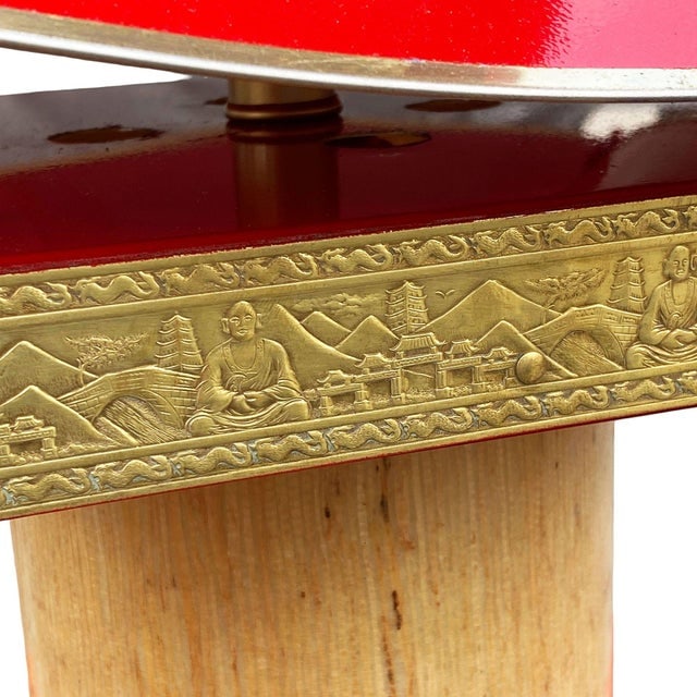 1950s Mid-Century Modern Pagoda Enameled Red Metal & Gold-Tone Tole Chinoiserie Chandelier - 10