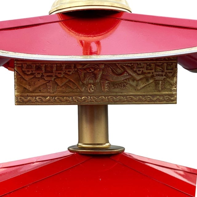 1950s Mid-Century Modern Pagoda Enameled Red Metal & Gold-Tone Tole Chinoiserie Chandelier - 12
